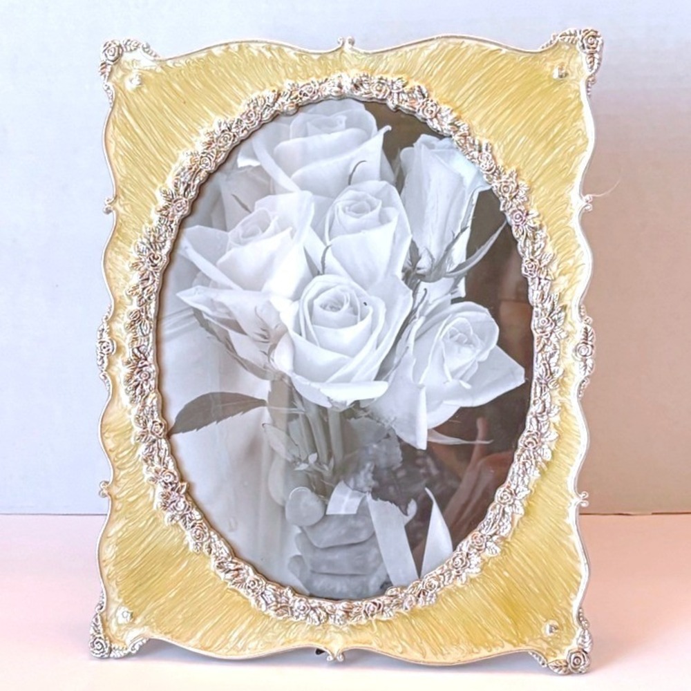Yellow Enamel Silver Tone Rose Edge Photo Frame 8x10 Hollywood Regency Romantic